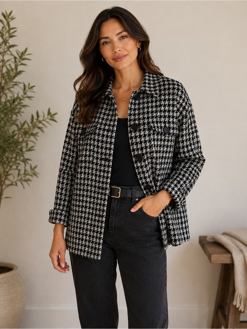 Mango Black & White Houndstooth Jacket